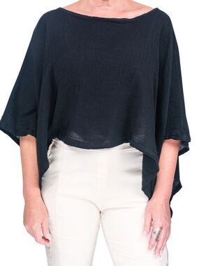 TINA STEPHENS Italy Leah Woven Poncho Top Black Linen Cotton Blend Crop Shrug OS